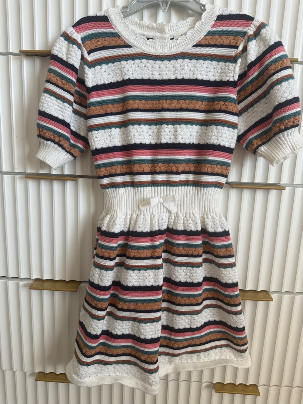 Janie and Jack Cream Striped Knit Dress with Navy, Brown & Pink